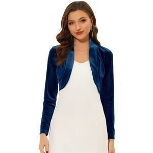Long Sleeve Velvet Shrug Open Front Cropped Bolero Cardigan Top Dark Blue